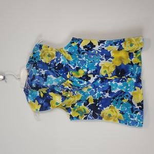 RAFAELLA Blue Yellow Floral Sleeveless Ruffle Blouse